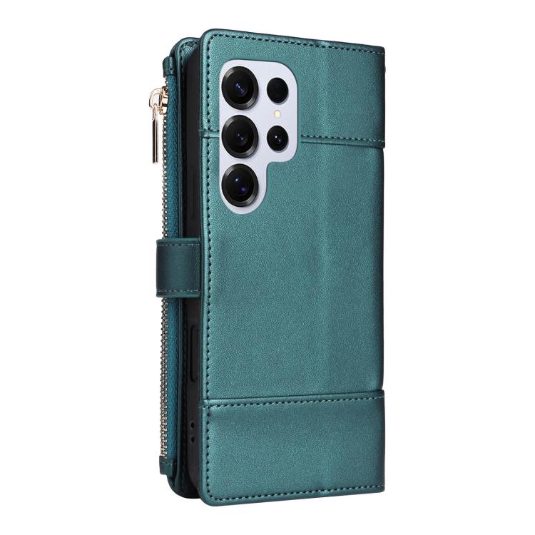 Funda de cuero tipo cartera con cremallera y bloqueo RFID para Samsung Galaxy S25 Ultra 5G (verde)