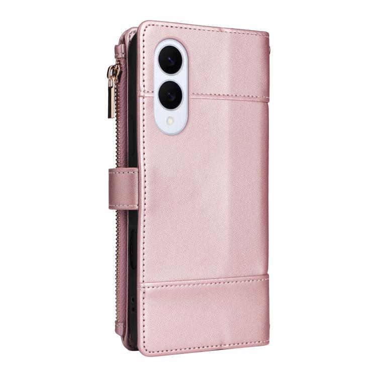 Funda de cuero tipo cartera con cremallera y bloqueo RFID para Samsung Galaxy S25 Edge 5G (oro rosa)