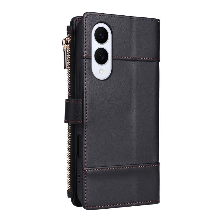 Funda de cuero tipo cartera con cremallera y bloqueo RFID para Samsung Galaxy S25 Edge 5G (negro)