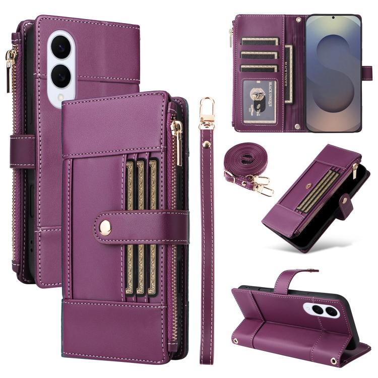 Funda de cuero tipo cartera con cremallera y bloqueo RFID para Samsung Galaxy S25 Edge 5G (morado)