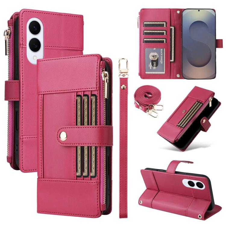 Funda de cuero tipo cartera con cremallera y bloqueo RFID para Samsung Galaxy S25 Edge 5G (roja)