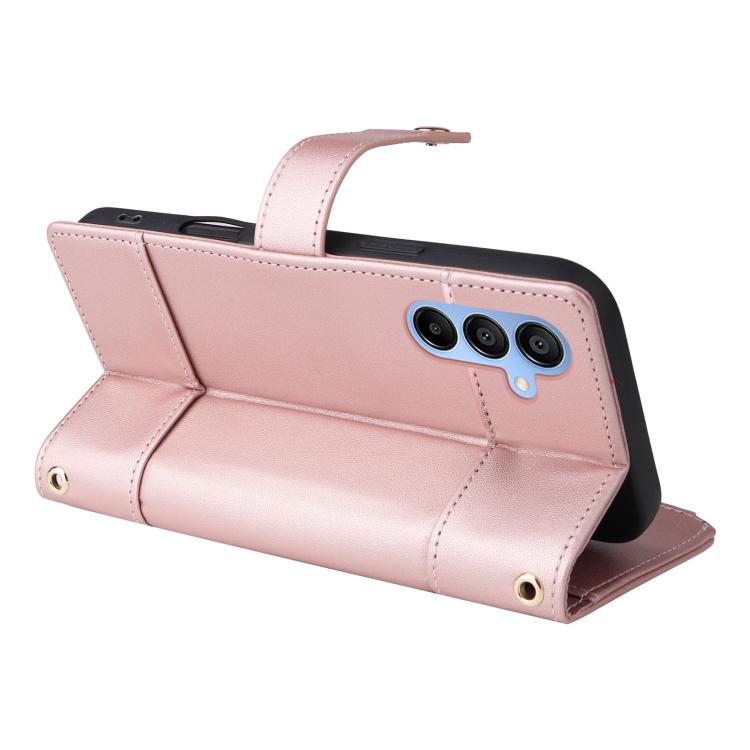 Funda de cuero tipo cartera con cremallera y bloqueo RFID para Samsung Galaxy A15 5G (oro rosa)