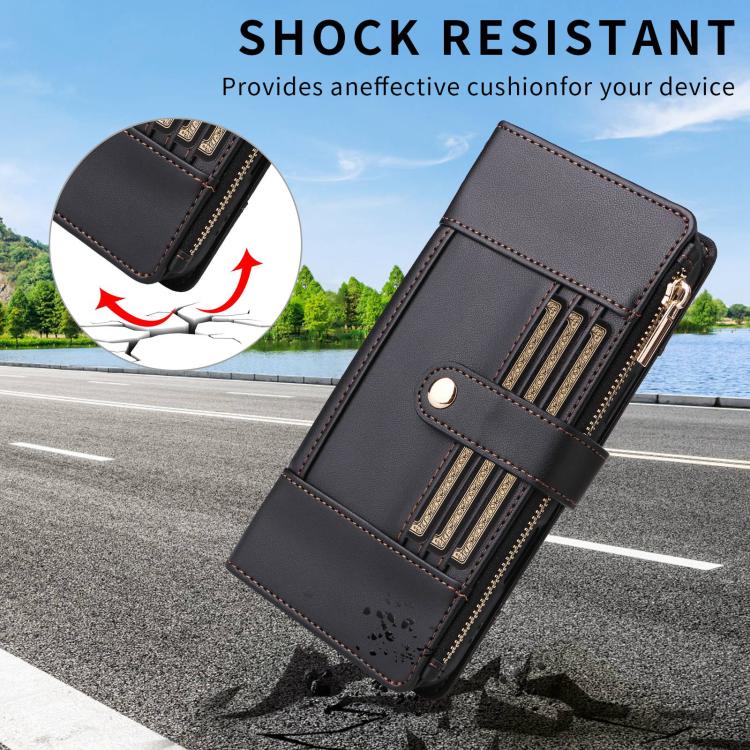 Funda de cuero tipo cartera con cremallera y bloqueo RFID para Samsung Galaxy A15 5G (negro)