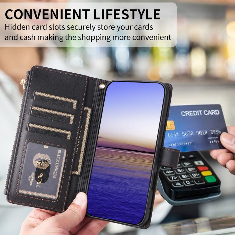 Funda de cuero tipo cartera con cremallera y bloqueo RFID para Samsung Galaxy A15 5G (negro)