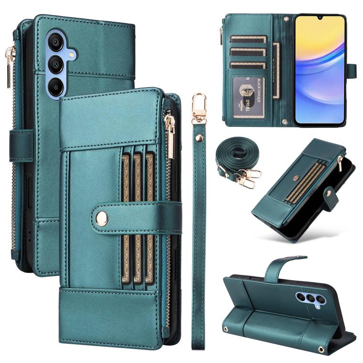 Funda de cuero tipo cartera con cremallera y bloqueo RFID para Samsung Galaxy A15 5G (verde)