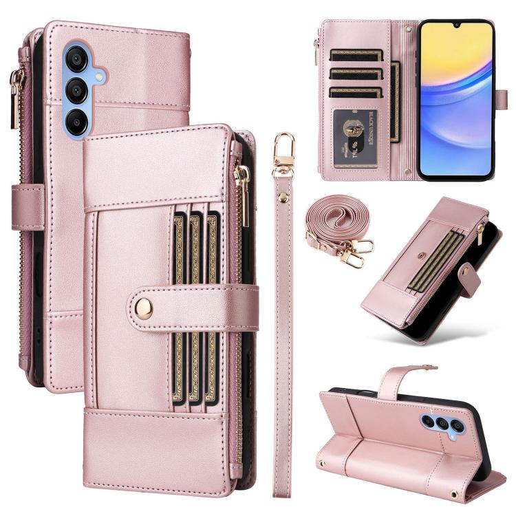 Funda de cuero tipo cartera con cremallera y bloqueo RFID para Samsung Galaxy A16/26 (oro rosa)