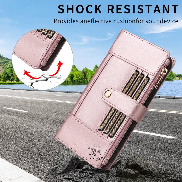 Funda de cuero tipo cartera con cremallera y bloqueo RFID para Samsung Galaxy A16/26 (oro rosa)