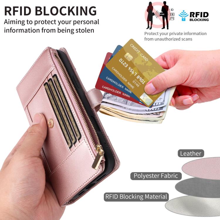 Funda de cuero tipo cartera con cremallera y bloqueo RFID para Samsung Galaxy A16/26 (oro rosa)