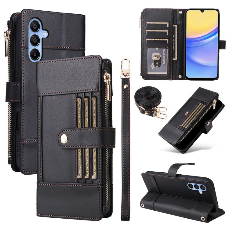 Funda de cuero tipo cartera con cremallera y bloqueo RFID para Samsung Galaxy A16/26 (negro)