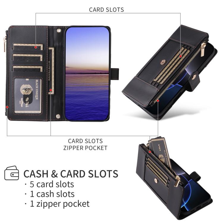 Funda de cuero tipo cartera con cremallera y bloqueo RFID para Samsung Galaxy A16/26 (negro)