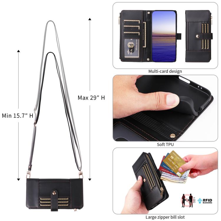 Funda de cuero tipo cartera con cremallera y bloqueo RFID para Samsung Galaxy A16/26 (negro)