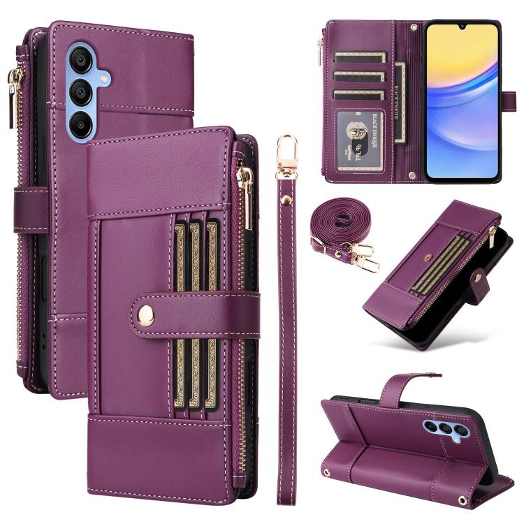 Funda de cuero tipo cartera con cremallera y bloqueo RFID para Samsung Galaxy A16/26 (morado)
