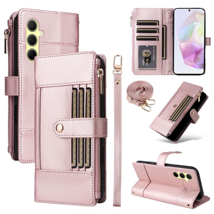 Funda de cuero tipo cartera con cremallera y bloqueo RFID para Samsung Galaxy A35 5G (oro rosa)