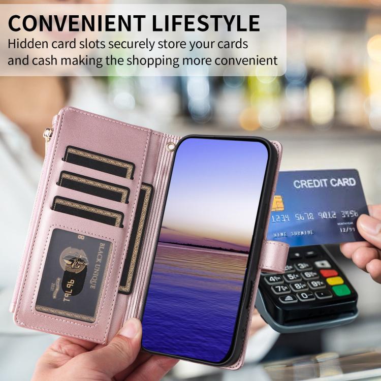 Funda de cuero tipo cartera con cremallera y bloqueo RFID para Samsung Galaxy A35 5G (oro rosa)