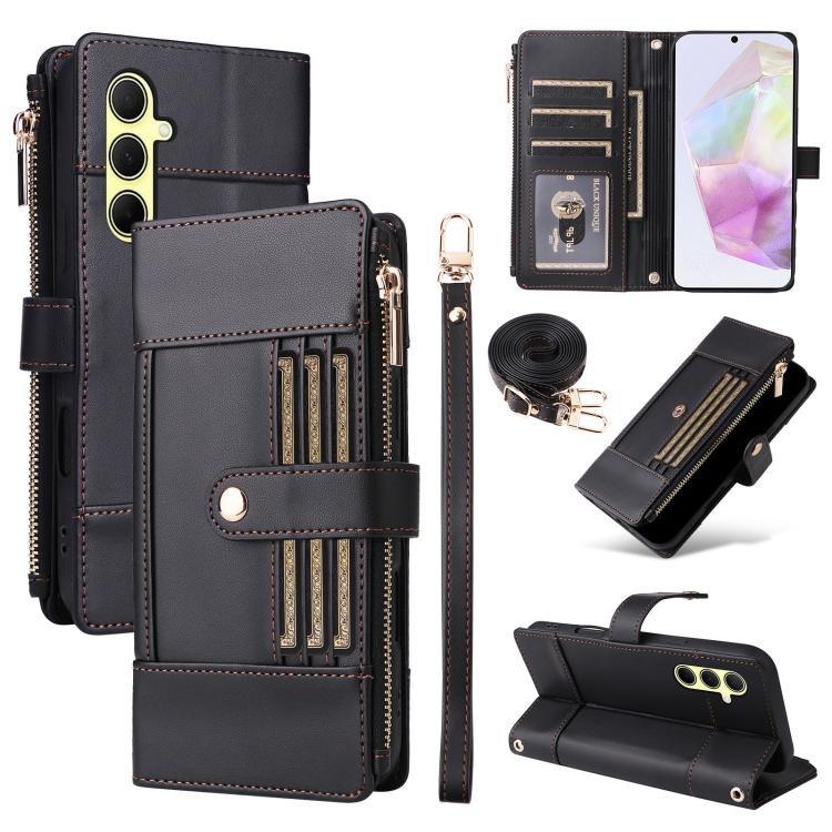 Funda de cuero tipo cartera con cremallera y bloqueo RFID para Samsung Galaxy A35 5G (negro)