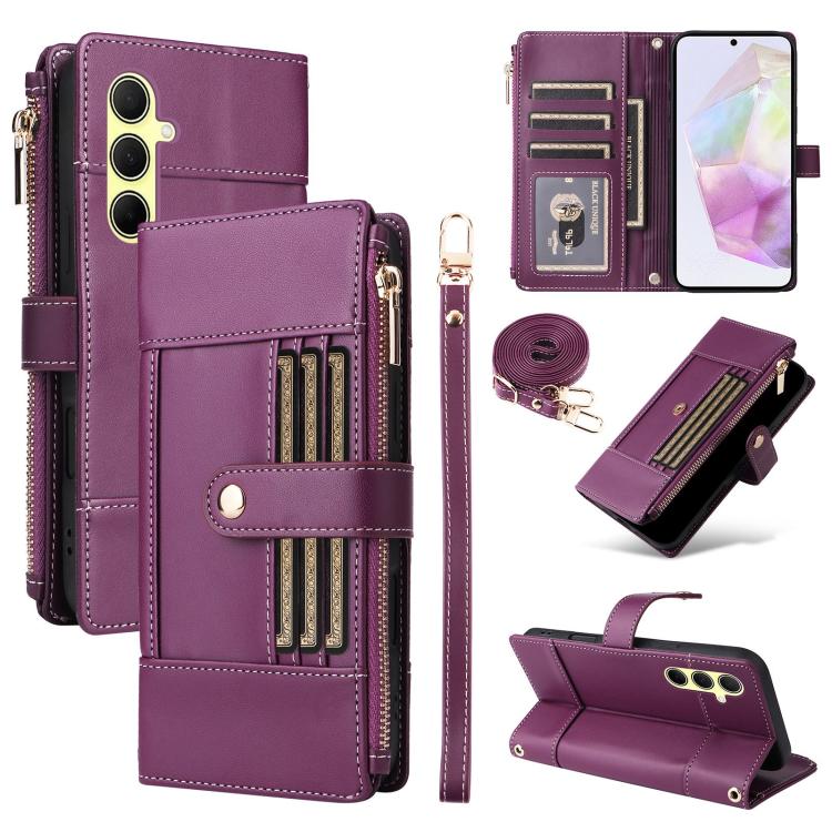 Funda de cuero tipo cartera con cremallera y bloqueo RFID para Samsung Galaxy A35 5G (morado)