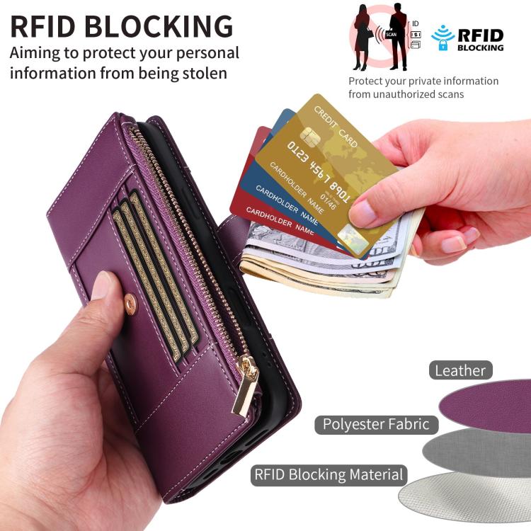 Funda de cuero tipo cartera con cremallera y bloqueo RFID para Samsung Galaxy A35 5G (morado)