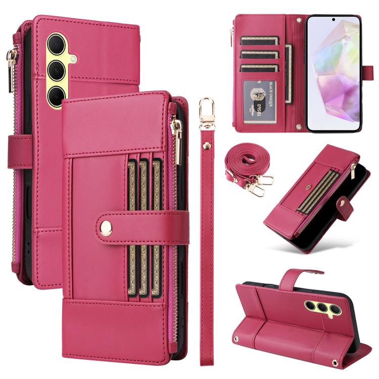Funda de cuero tipo cartera con cremallera y bloqueo RFID para Samsung Galaxy A35 5G (roja)