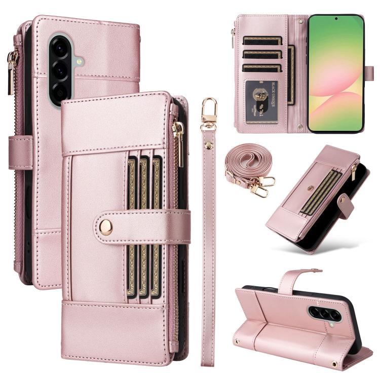 Funda de cuero tipo cartera con cremallera y bloqueo RFID para Samsung Galaxy A36 5G (oro rosa)