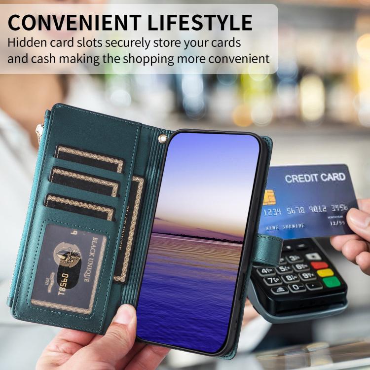 Funda de cuero tipo cartera con cremallera y bloqueo RFID para Samsung Galaxy A36 5G (verde)