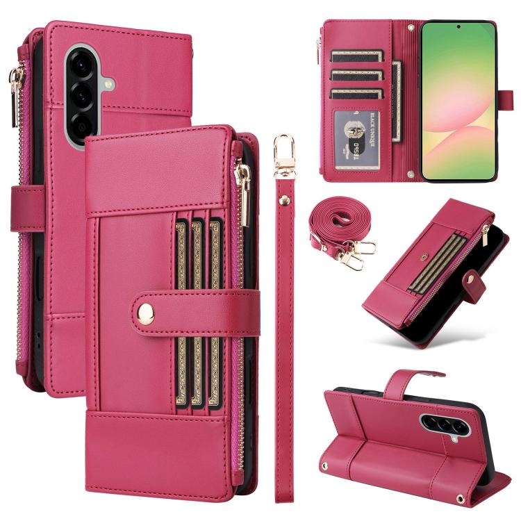 Funda de cuero tipo cartera con cremallera y bloqueo RFID para Samsung Galaxy A36 5G (roja)