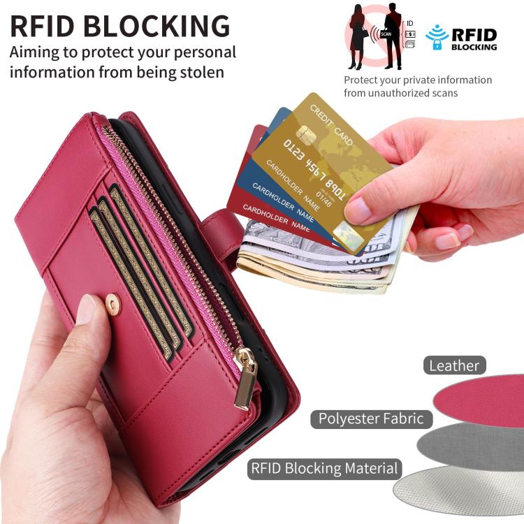 Funda de cuero tipo cartera con cremallera y bloqueo RFID para Samsung Galaxy A36 5G (roja)