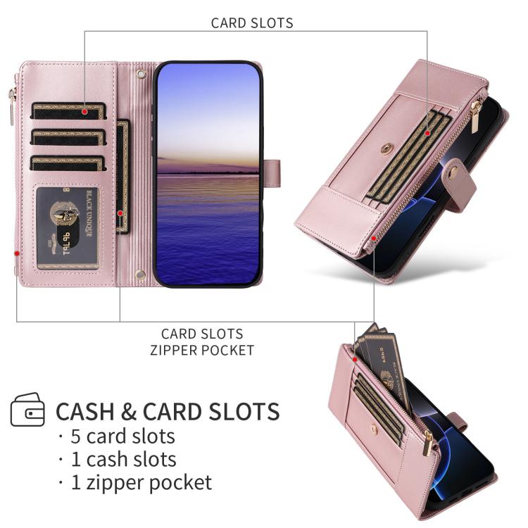 Funda de cuero tipo cartera con cremallera y bloqueo RFID para Samsung Galaxy A55 5G (oro rosa)