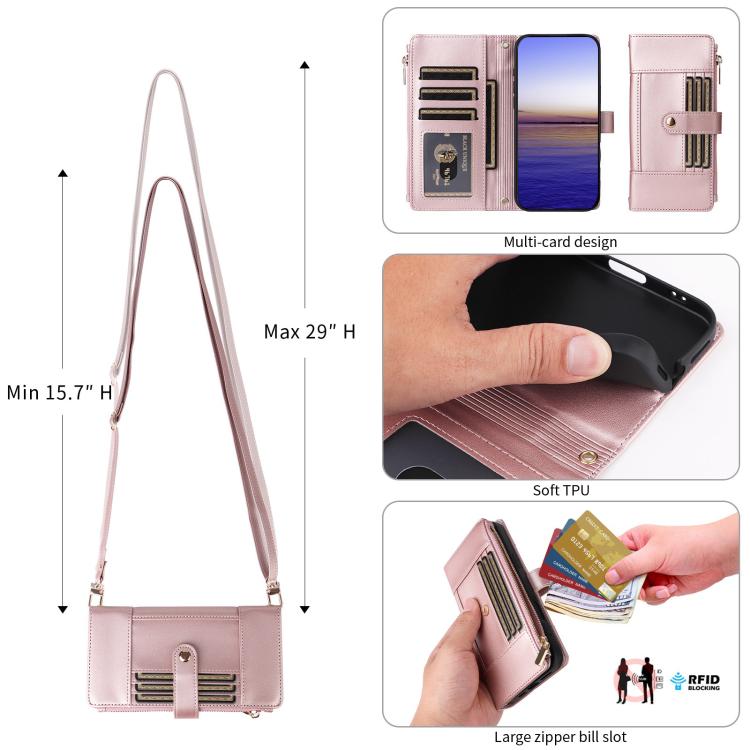Funda de cuero tipo cartera con cremallera y bloqueo RFID para Samsung Galaxy A55 5G (oro rosa)