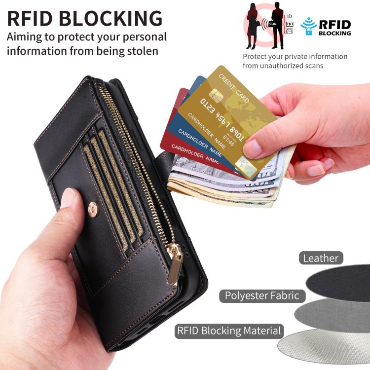 Funda de cuero tipo cartera con cremallera y bloqueo RFID para Samsung Galaxy A55 5G (negro)