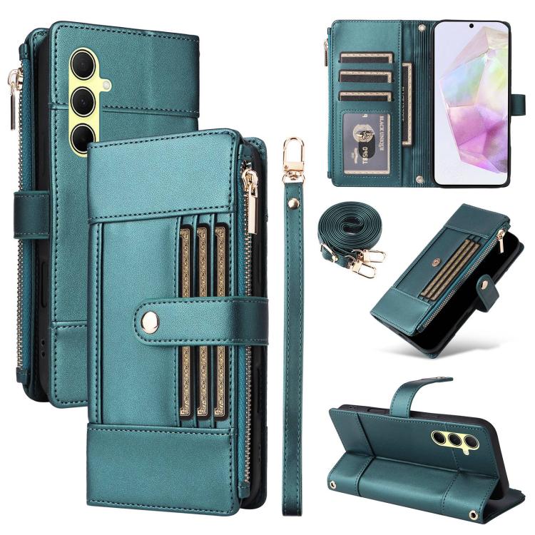Funda de cuero tipo cartera con cremallera y bloqueo RFID para Samsung Galaxy A55 5G (verde)