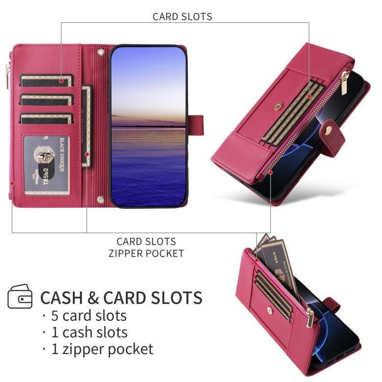 Funda de cuero tipo cartera con cremallera y bloqueo RFID para Samsung Galaxy A55 5G (roja)