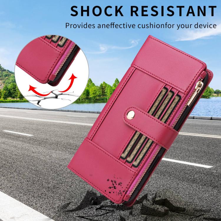 Funda de cuero tipo cartera con cremallera y bloqueo RFID para Samsung Galaxy A55 5G (roja)
