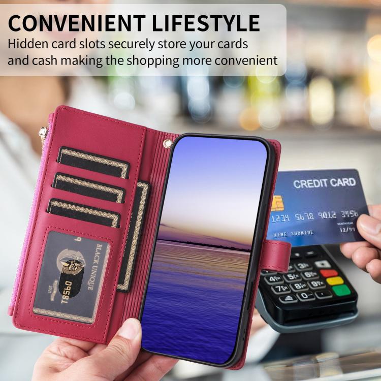 Funda de cuero tipo cartera con cremallera y bloqueo RFID para Samsung Galaxy A55 5G (roja)