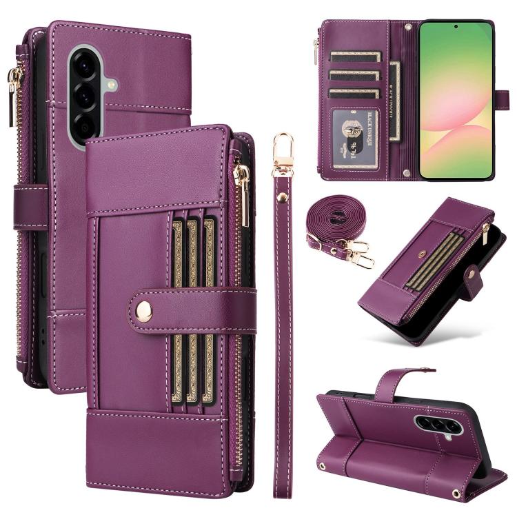 Funda de cuero tipo cartera con cremallera y bloqueo RFID para Samsung Galaxy A56 5G (morado)