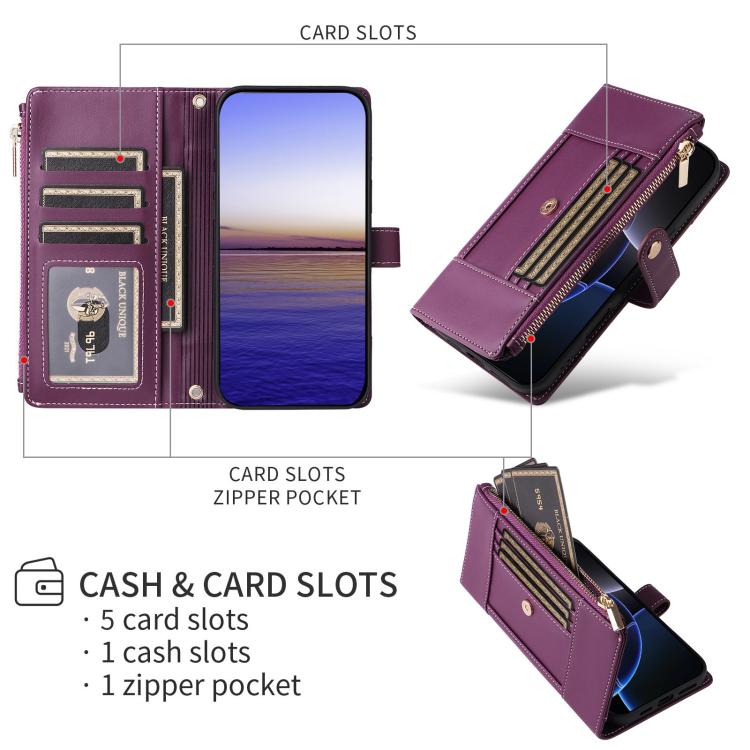 Funda de cuero tipo cartera con cremallera y bloqueo RFID para Samsung Galaxy A56 5G (morado)