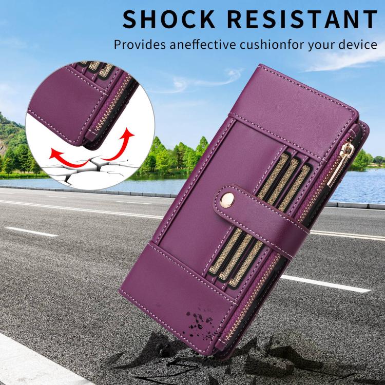 Funda de cuero tipo cartera con cremallera y bloqueo RFID para Samsung Galaxy A56 5G (morado)