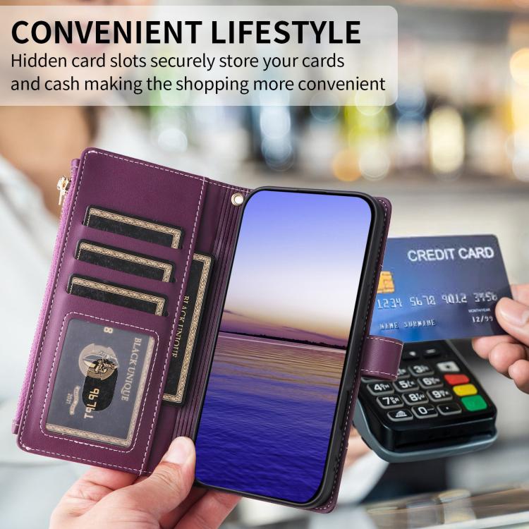 Funda de cuero tipo cartera con cremallera y bloqueo RFID para Samsung Galaxy A56 5G (morado)