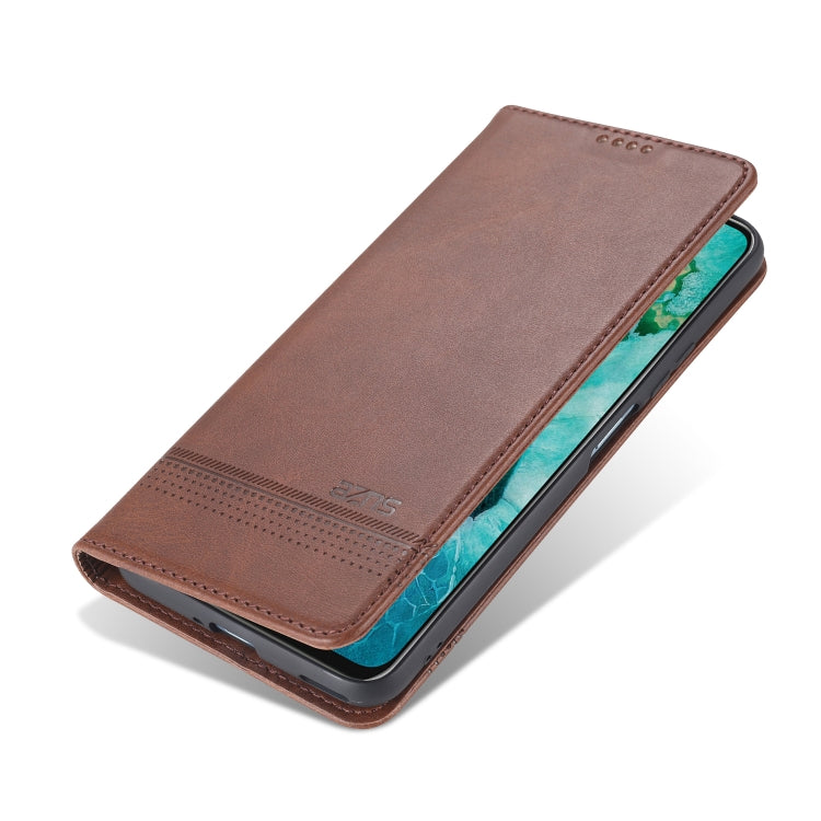 Para Huawei Honor V30 AZNS Funda de cuero con tapa magnética con textura de becerro horizontal con ranuras para tarjetas, soporte y billetera (marrón oscuro)
