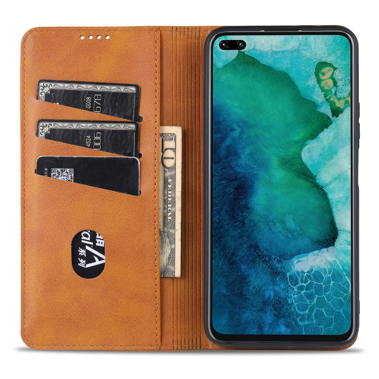 Para Huawei Honor V30 AZNS Funda de cuero con tapa magnética con textura de becerro horizontal con ranuras para tarjetas, soporte y billetera (marrón claro)