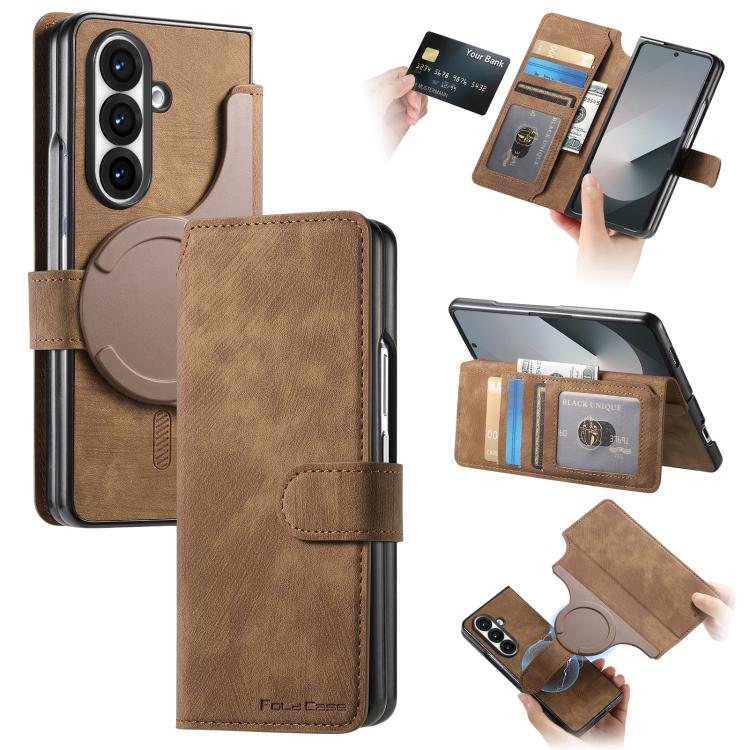 Funda de cuero retro antirrobo con tecnología Neo MagSafe RFID para Samsung Galaxy Z Fold7 5G (marrón)