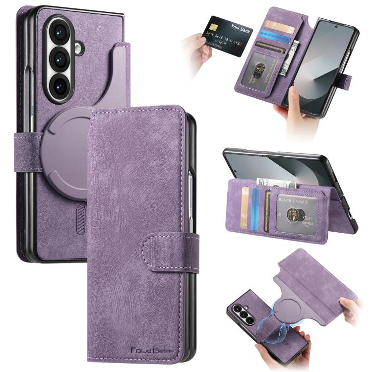 Funda de cuero retro antirrobo con tecnología RFID y MagSafe para Samsung Galaxy Z Fold7 5G (morada)
