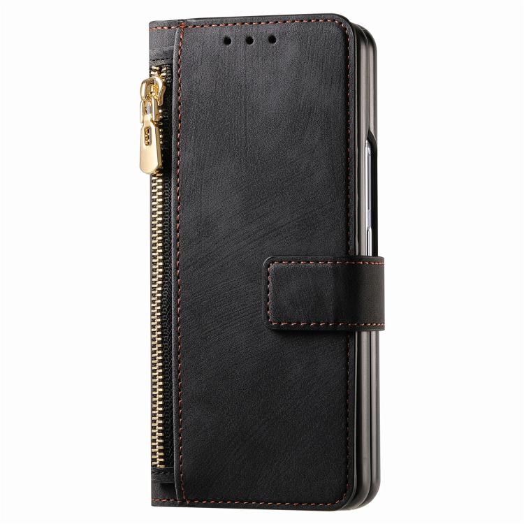 Funda de cuero con cremallera magnética MagSafe retro para Samsung Galaxy Z Fold7 5G (negro)