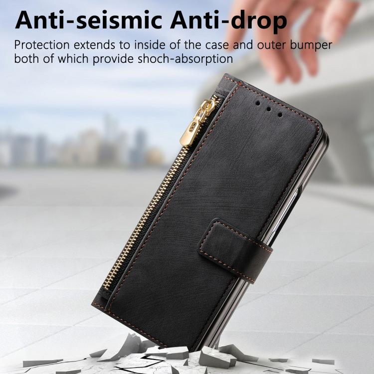 Funda de cuero con cremallera magnética MagSafe retro para Samsung Galaxy Z Fold7 5G (negro)