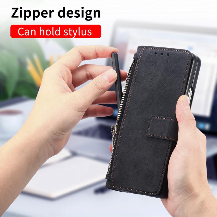 Funda de cuero con cremallera magnética MagSafe retro para Samsung Galaxy Z Fold7 5G (negro)