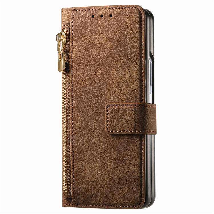 Funda de cuero con cremallera magnética MagSafe retro para Samsung Galaxy Z Fold7 5G (marrón)