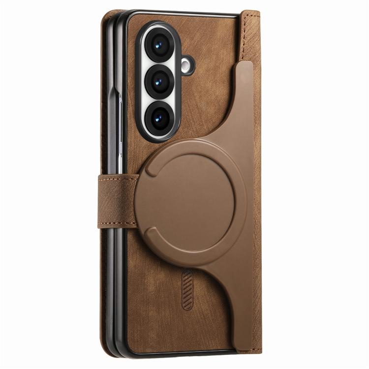 Funda de cuero con cremallera magnética MagSafe retro para Samsung Galaxy Z Fold7 5G (marrón)