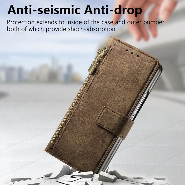 Funda de cuero con cremallera magnética MagSafe retro para Samsung Galaxy Z Fold7 5G (marrón)