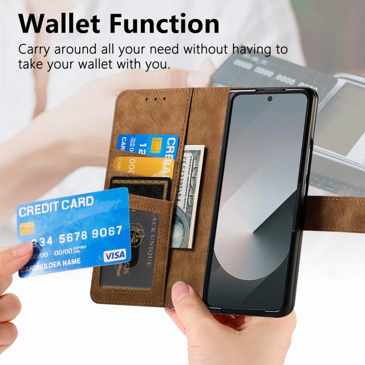Funda de cuero con cremallera magnética MagSafe retro para Samsung Galaxy Z Fold7 5G (marrón)