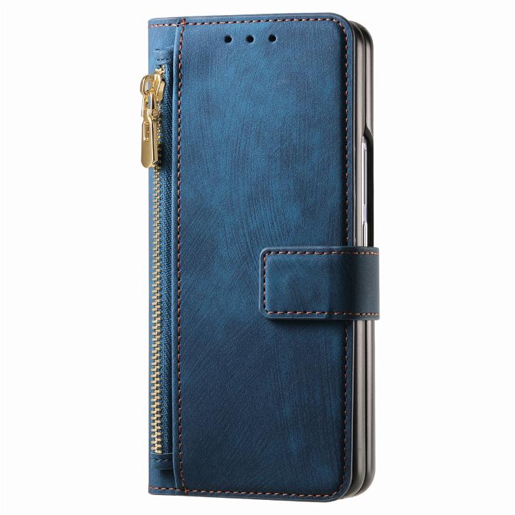Funda de cuero con cremallera magnética MagSafe retro para Samsung Galaxy Z Fold 7 5G (azul)