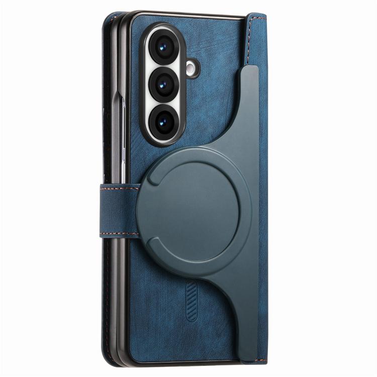 Funda de cuero con cremallera magnética MagSafe retro para Samsung Galaxy Z Fold 7 5G (azul)